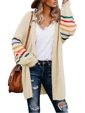 DOKOTOO Striped Sleeve Beige/Cream Cardigan Sweater‎ Medium Long Sleeve sz L